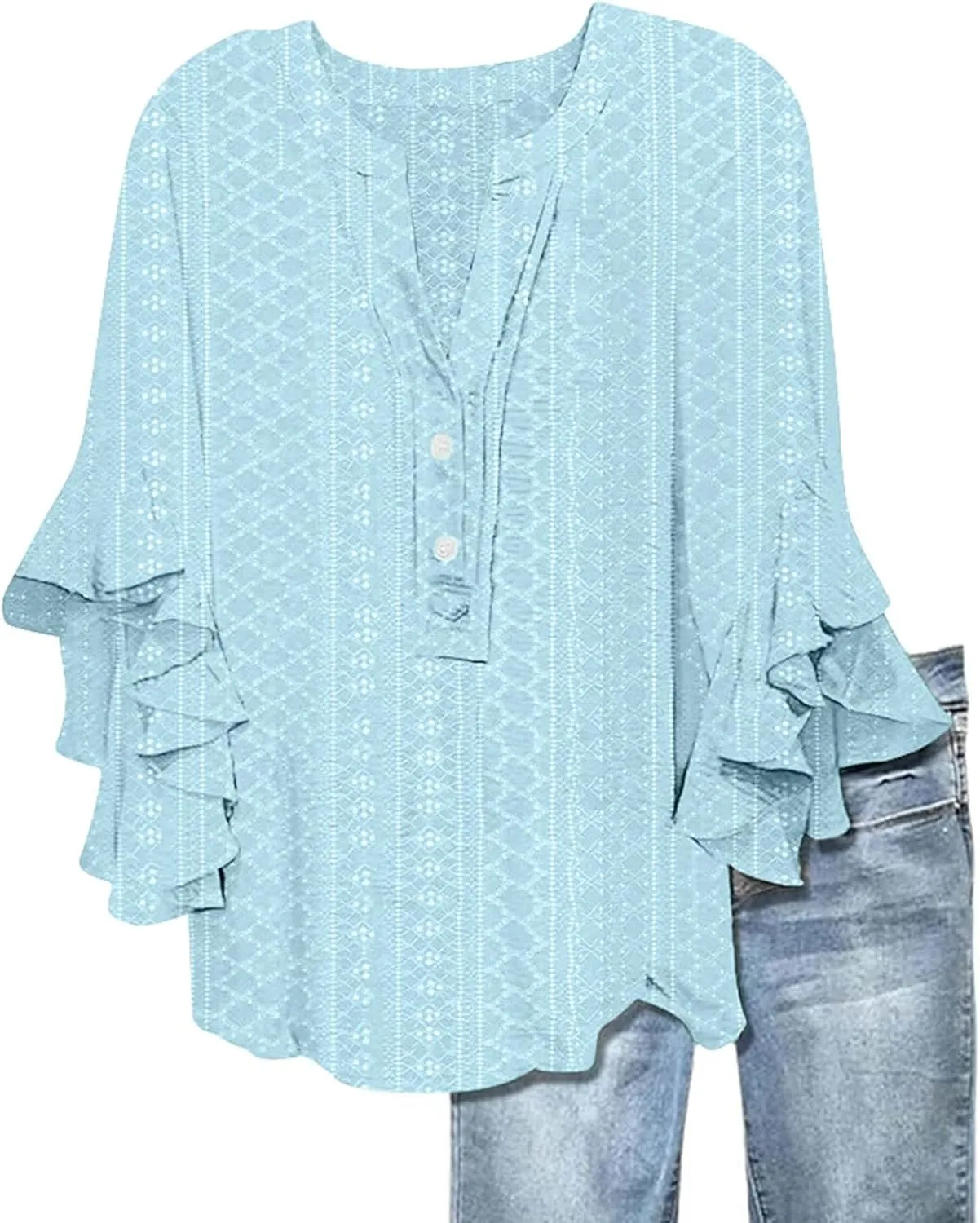 Ruffle 3/4 Length Sleeve Womens Tops, Summer Button V Neck Shirts Vintage Beach Eyelet Blouse Dressy Casual Tunics
