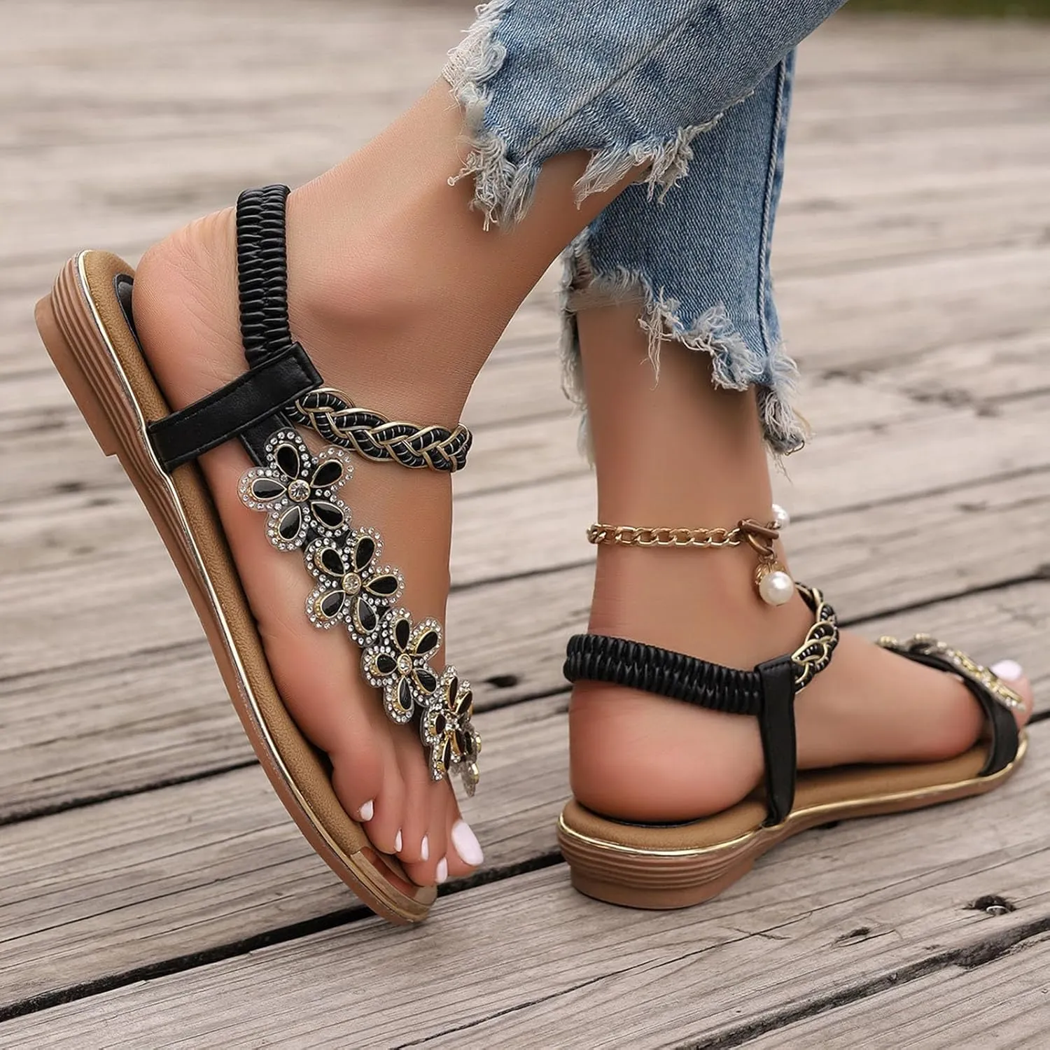 Sandals Women Summer Beach Rhinestone Sandals Lace Floral Wedding Sandal Arch Support Flip Flops Shoes