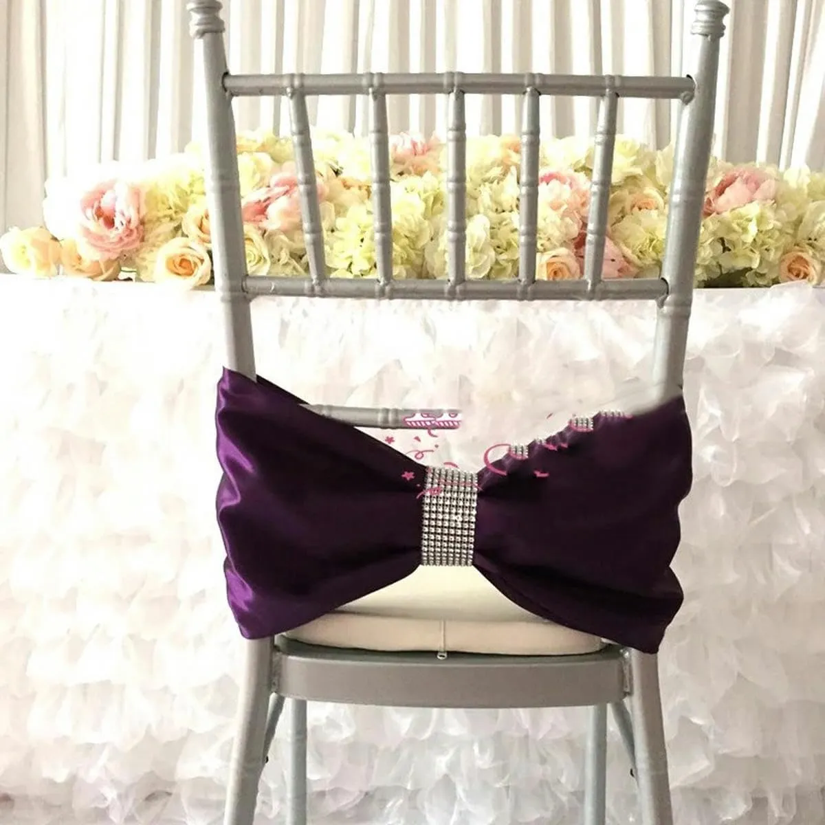 Satin Chair Band Bow Sash with Buckle for Event Decoration-Black (Navy Blue One Size)