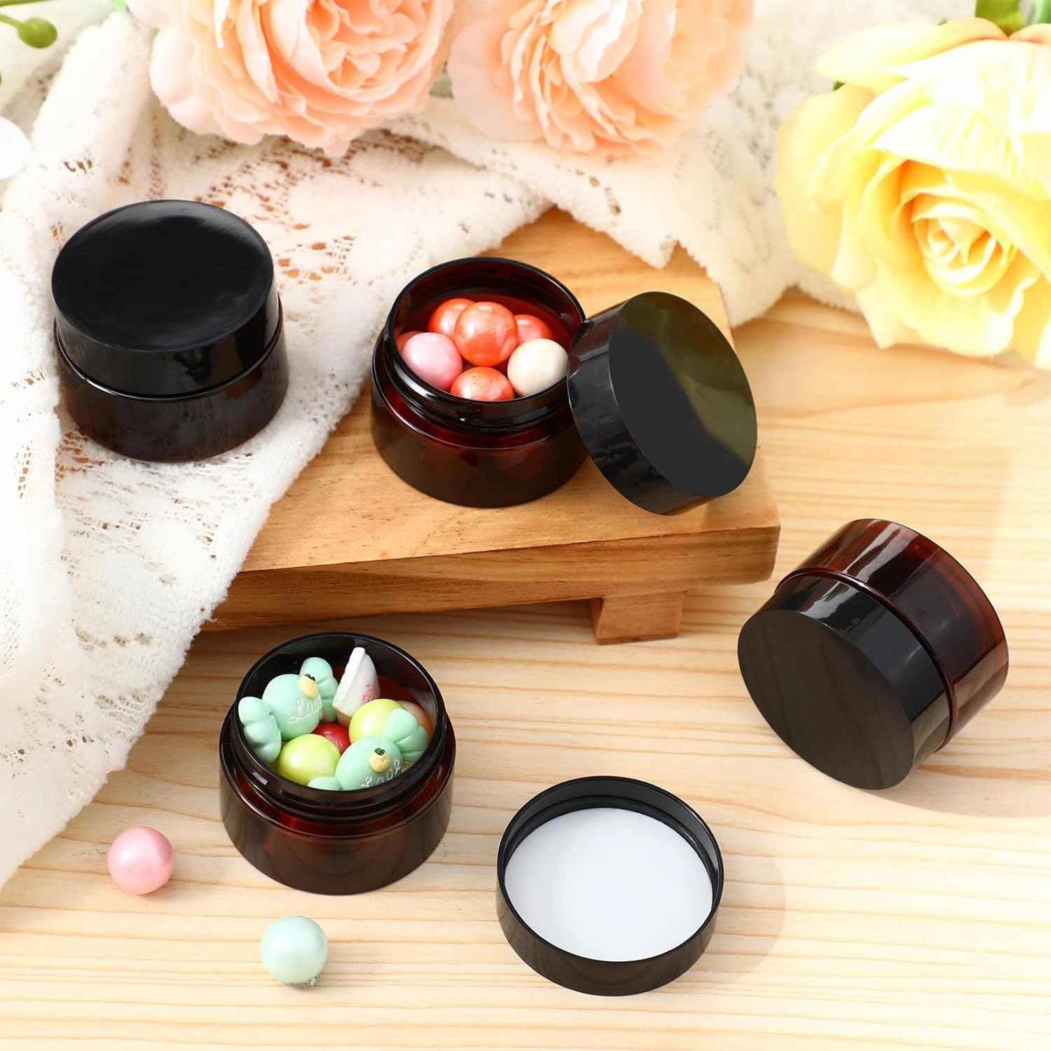 SATINIOR 36 Pieces Plastic Jars with Lids Round Leak Proof Airtight Container Cosmetic Small Empty Jars for Lotions Ointments Travel Toiletries Creams Make up Storage(1 oz,Amber)