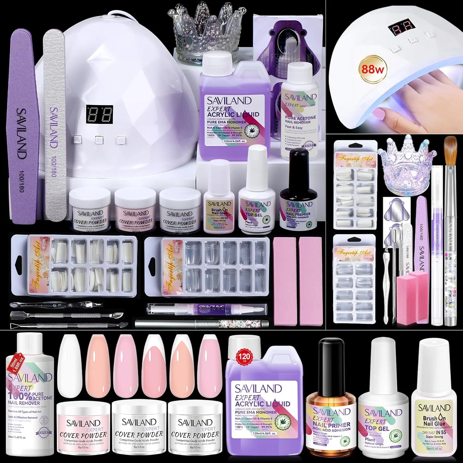 SAVILAND Plus Acrylic Nail Kit: Professional Nails Kit Acrylic Set Clear White Pink Acrylic Powder and Liquid Set with U V Nail Lamp Nail Remover Acrylic Nail Starter Kit for DIY Home Use