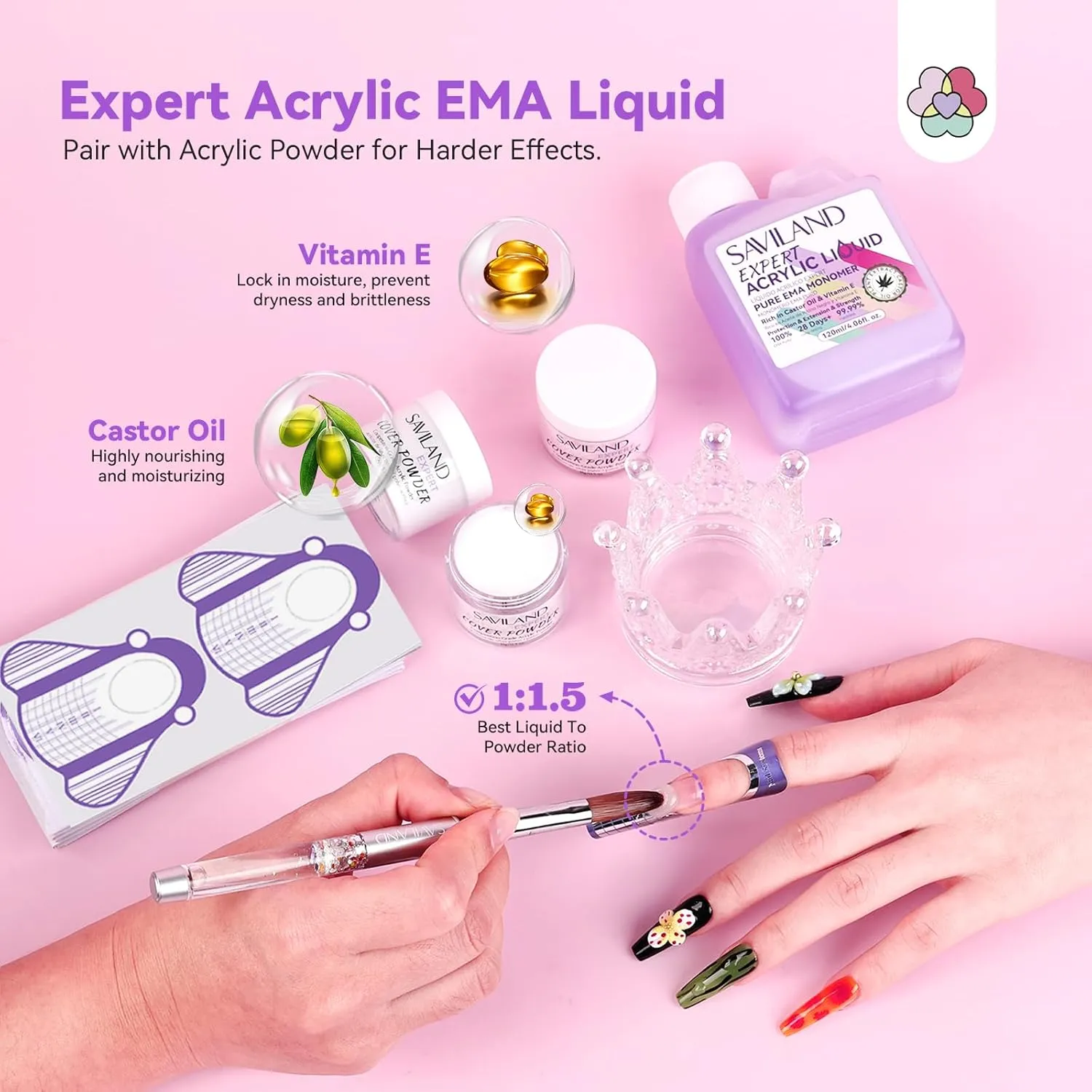 SAVILAND Plus Acrylic Nail Kit: Professional Nails Kit Acrylic Set Clear White Pink Acrylic Powder and Liquid Set with U V Nail Lamp Nail Remover Acrylic Nail Starter Kit for DIY Home Use