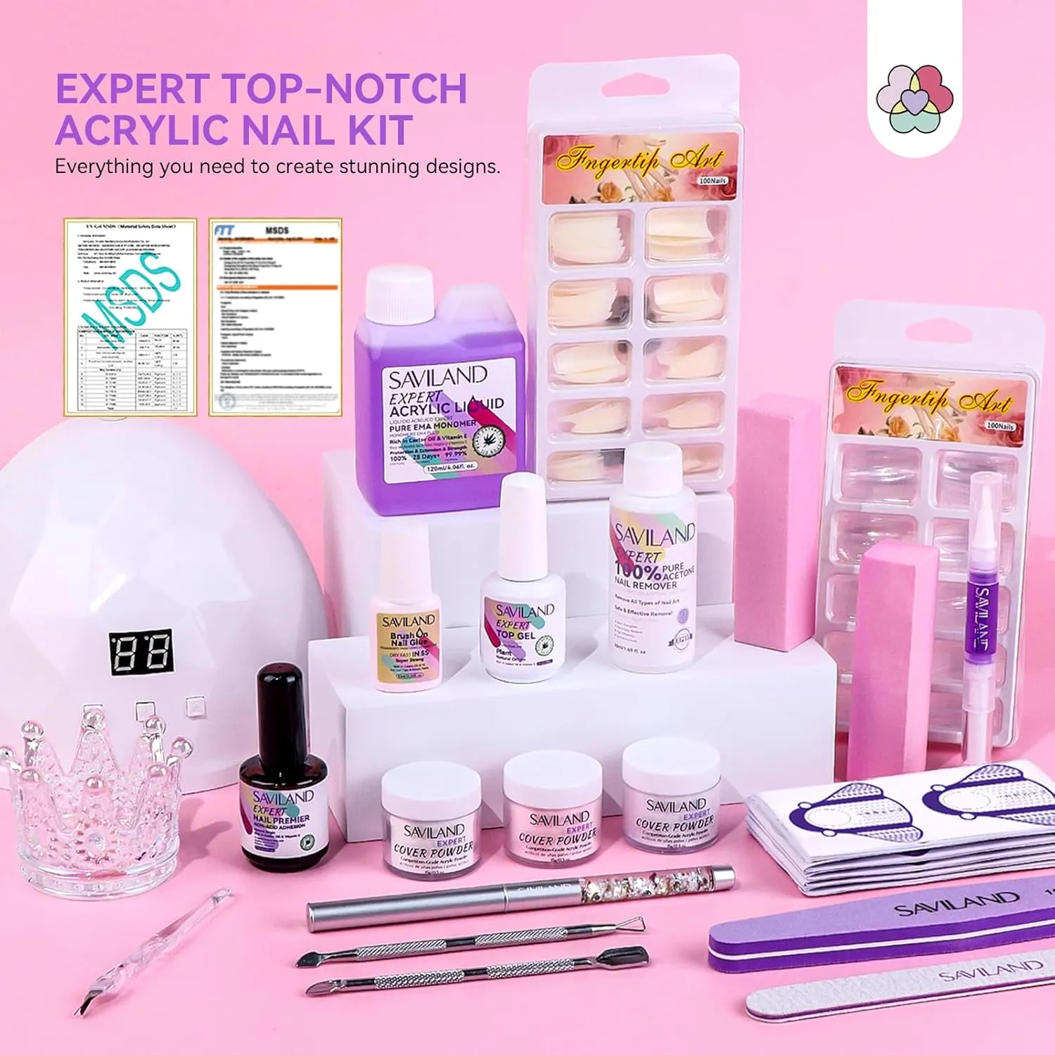 SAVILAND Plus Acrylic Nail Kit: Professional Nails Kit Acrylic Set Clear White Pink Acrylic Powder and Liquid Set with U V Nail Lamp Nail Remover Acrylic Nail Starter Kit for DIY Home Use