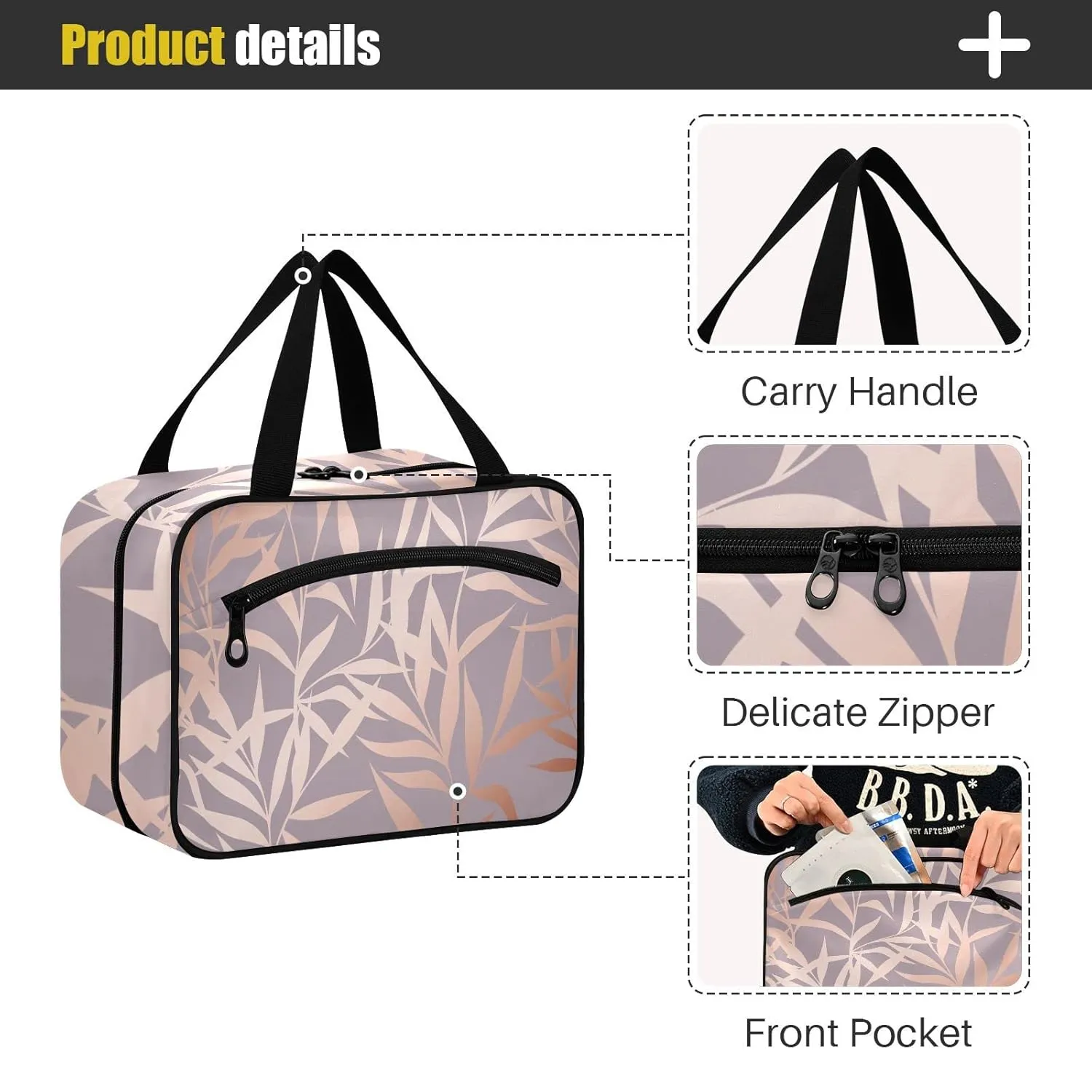 Seamless Shiny Rose Pink Leaves on Pink 1 PC Hanging Travel Wash bag with Handles, Portable Makeup Organizer Brush Storage Case Portable Travel Cosmetic with Hook L