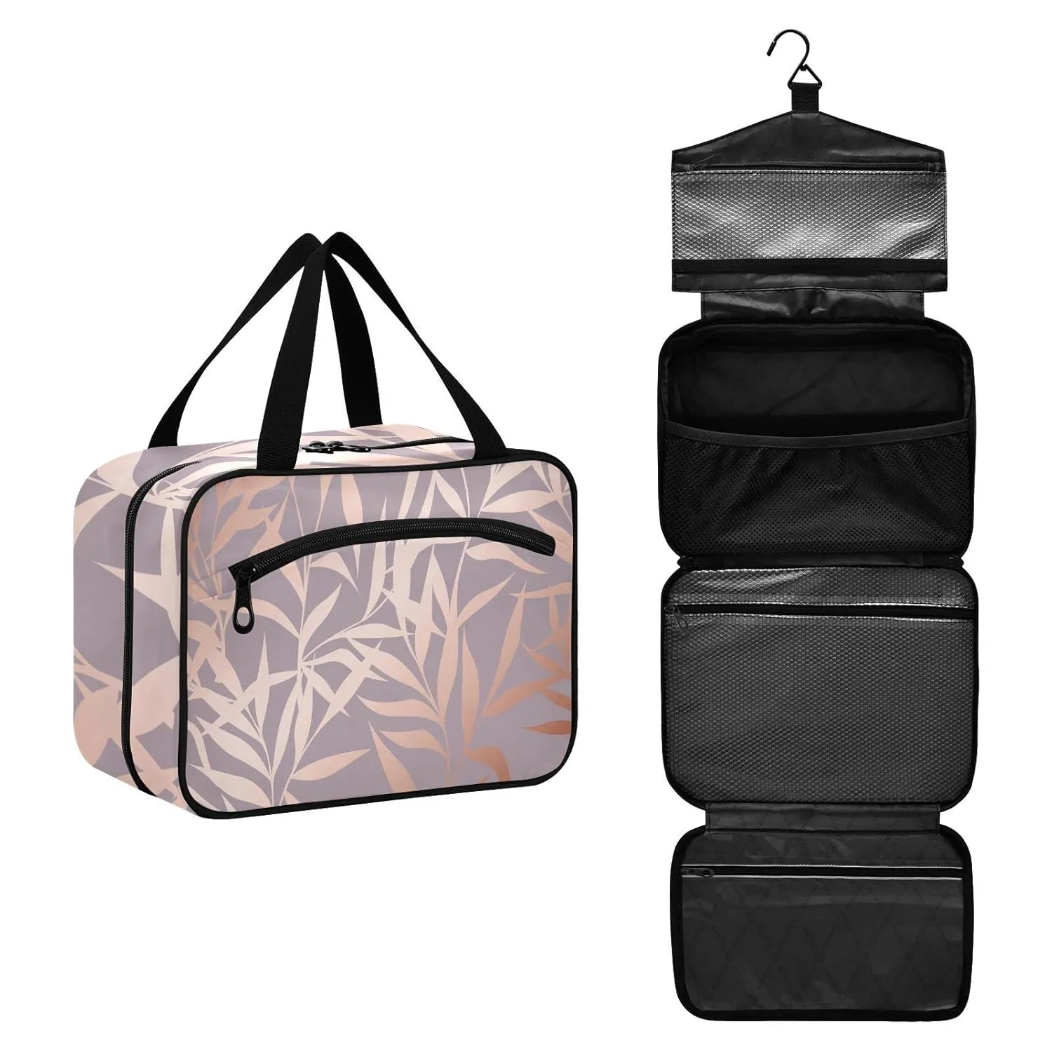 Seamless Shiny Rose Pink Leaves on Pink 1 PC Hanging Travel Wash bag with Handles, Portable Makeup Organizer Brush Storage Case Portable Travel Cosmetic with Hook L