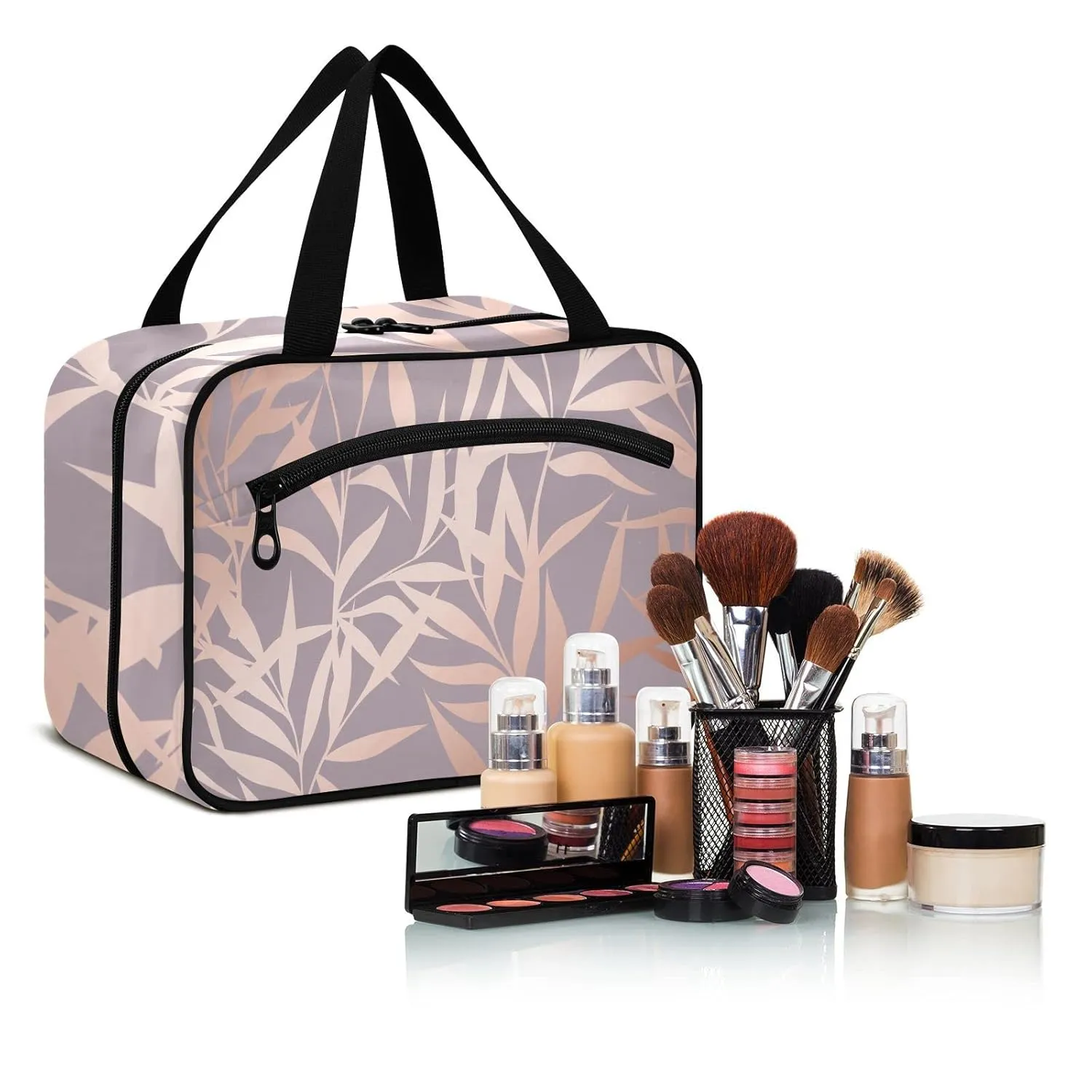Seamless Shiny Rose Pink Leaves on Pink 1 PC Hanging Travel Wash bag with Handles, Portable Makeup Organizer Brush Storage Case Portable Travel Cosmetic with Hook L