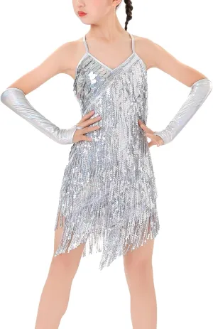 SEAUR Girls Sequin Tassel Dress Latin Ballroom Dance Dress Sleeveless Jazz Tango Rumba Samba Dress Kid Fringe Dress Dancewear