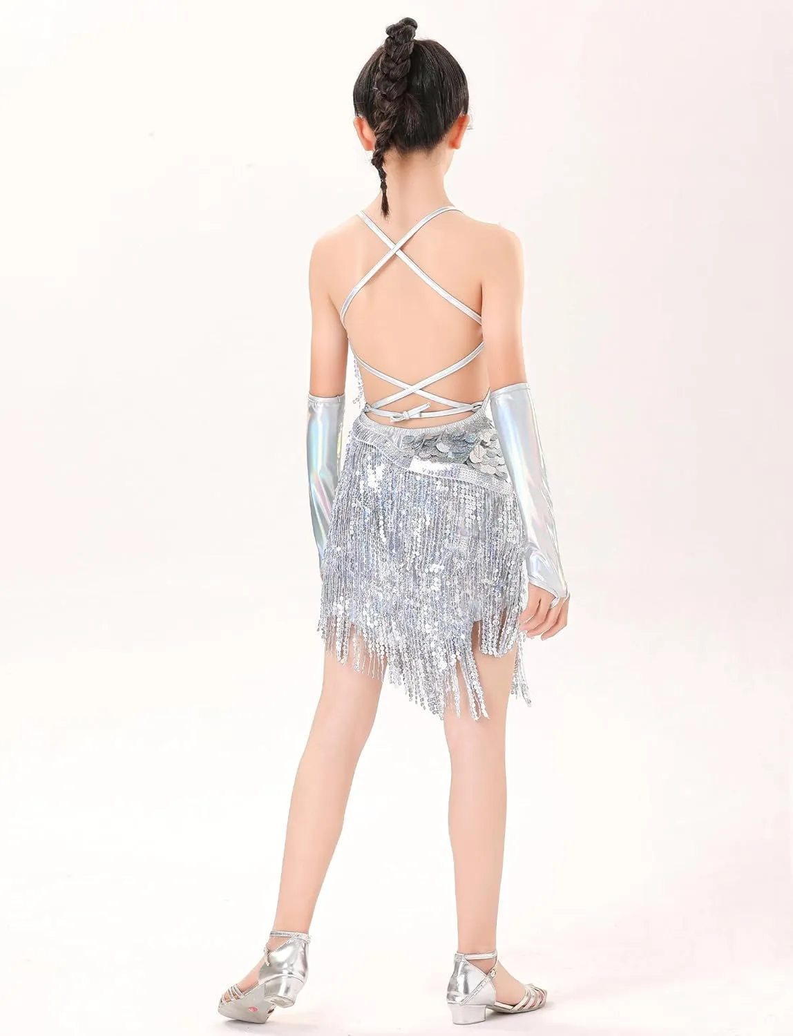 SEAUR Girls Sequin Tassel Dress Latin Ballroom Dance Dress Sleeveless Jazz Tango Rumba Samba Dress Kid Fringe Dress Dancewear
