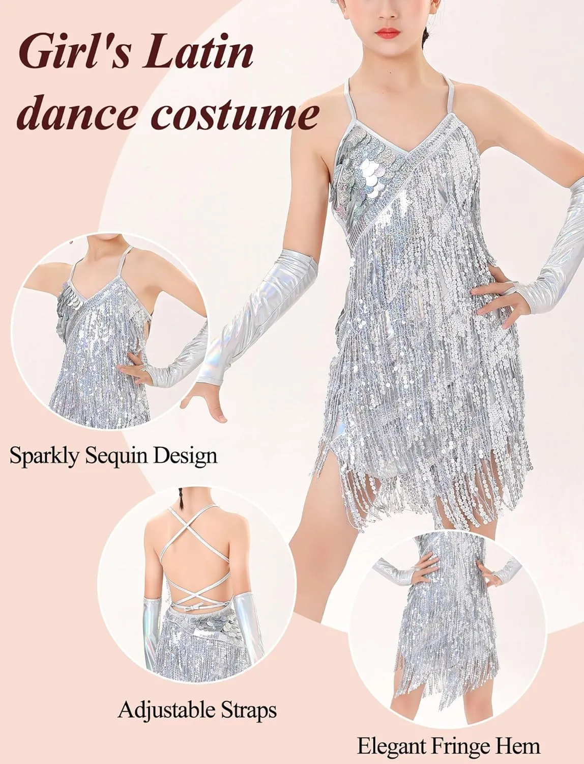 SEAUR Girls Sequin Tassel Dress Latin Ballroom Dance Dress Sleeveless Jazz Tango Rumba Samba Dress Kid Fringe Dress Dancewear