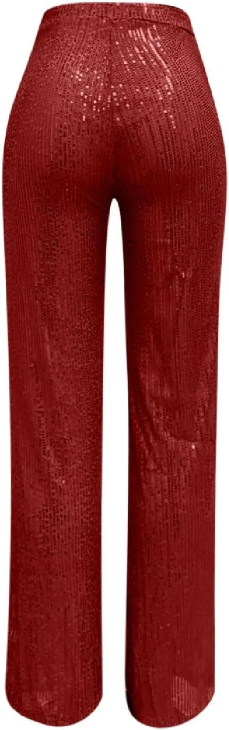 Sequin Pants Women Sparkly Glitter Flowy High Waist Wide Leg Palazzo Pants Party Club Long Trousers Bling Leggings