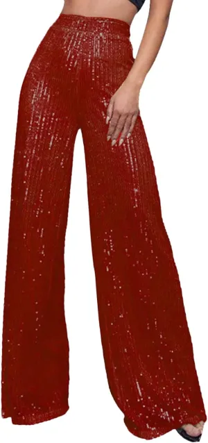 Sequin Pants Women Sparkly Glitter Flowy High Waist Wide Leg Palazzo Pants Party Club Long Trousers Bling Leggings