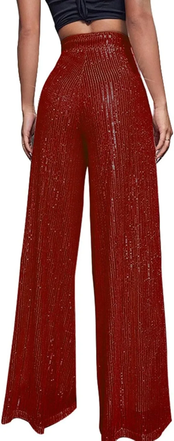 Sequin Pants Women Sparkly Glitter Flowy High Waist Wide Leg Palazzo Pants Party Club Long Trousers Bling Leggings