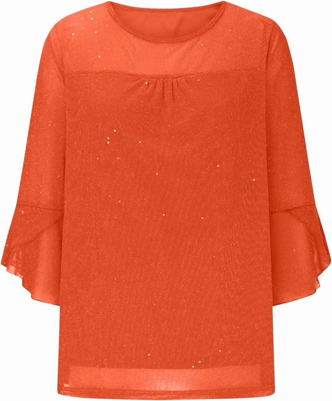 Sequin Tops for Women Ruffle 3/4 Sleeve Glitter Sparkly Tops Crew Neck Party Shirts Elegant Double Layers Mesh Tunic Tops