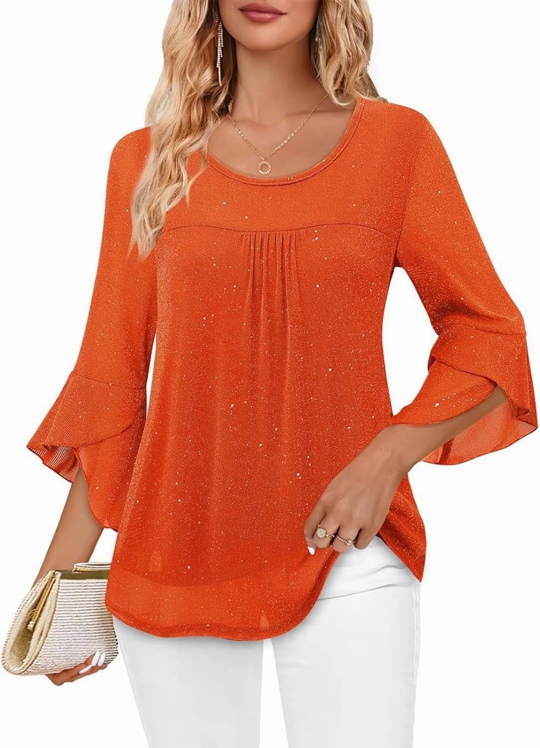 Sequin Tops for Women Ruffle 3/4 Sleeve Glitter Sparkly Tops Crew Neck Party Shirts Elegant Double Layers Mesh Tunic Tops
