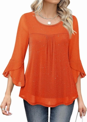 Sequin Tops for Women Ruffle 3/4 Sleeve Glitter Sparkly Tops Crew Neck Party Shirts Elegant Double Layers Mesh Tunic Tops