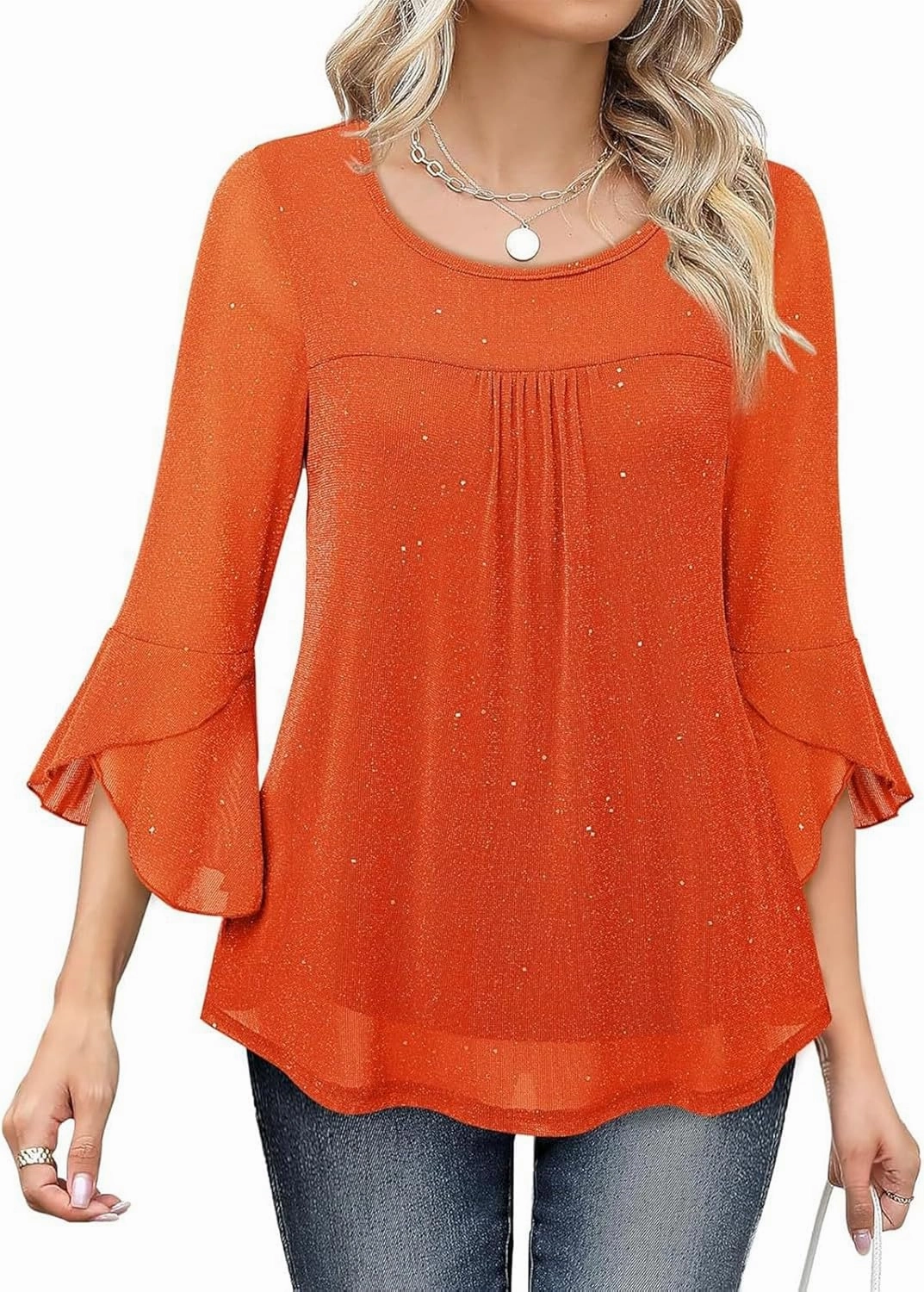 Sequin Tops for Women Ruffle 3/4 Sleeve Glitter Sparkly Tops Crew Neck Party Shirts Elegant Double Layers Mesh Tunic Tops