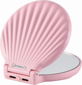 Shell Travel Mirror with Lights and 10x / 2X Magnification, Mini Makeup Mirror LED Lighted, Dimmable, Rechargeable Compact Mirror for Pocket, Patented Design Gifts for Mom/Daughter (Pink Electric)