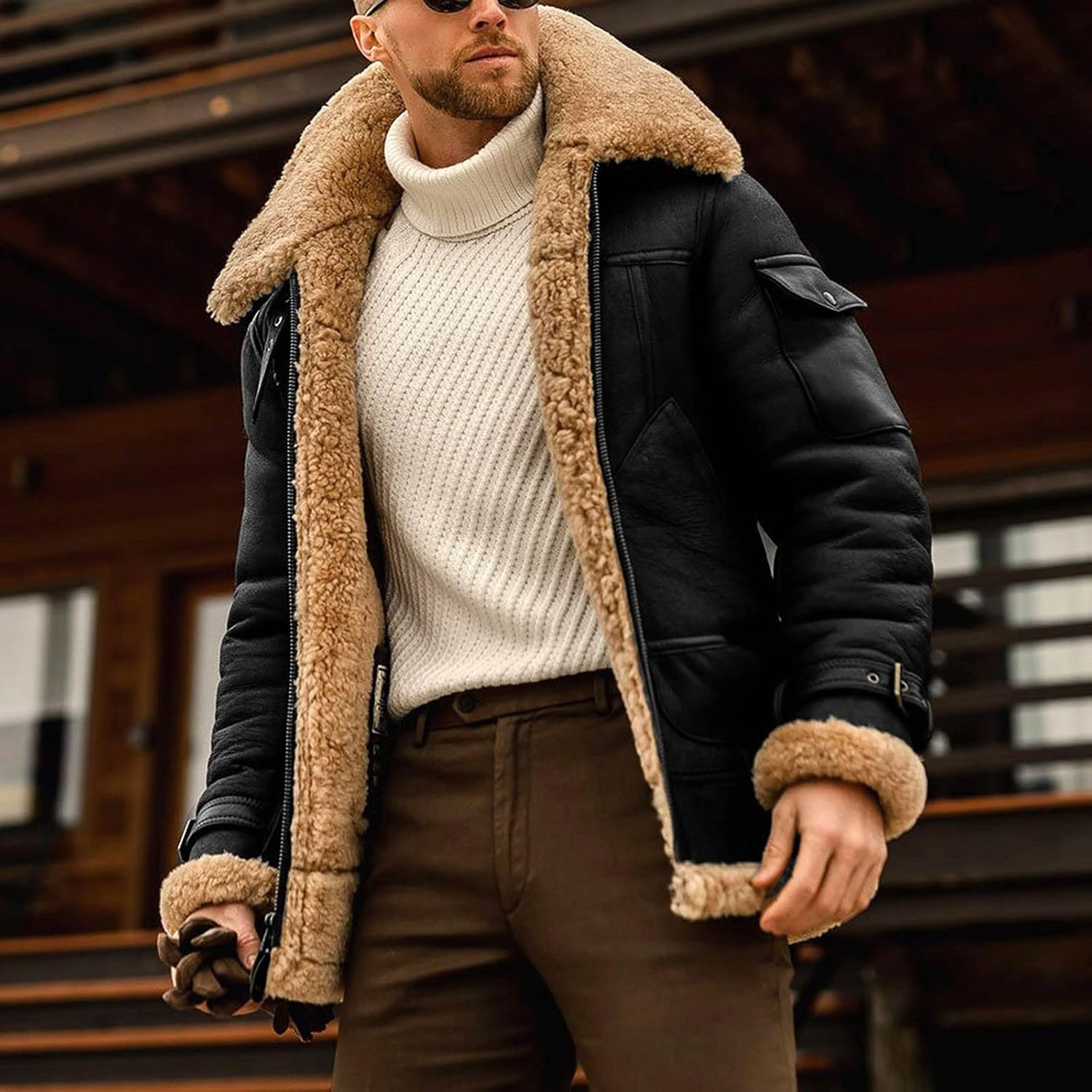 Sherpa Lined Leather Jacket Men Suede Sherpa Shearling Faux Fur Leather Coat Sheepskin Winter Coat Fur Collar Jacket