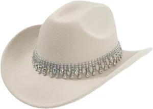 Shiny Rhinestone Women's Cowgirl Hat Western Cowboy Retro Panama Unisex Sequin Wide Brim Hat