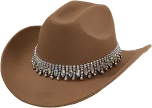 Shiny Rhinestone Women's Cowgirl Hat Western Cowboy Retro Panama Unisex Sequin Wide Brim Hat