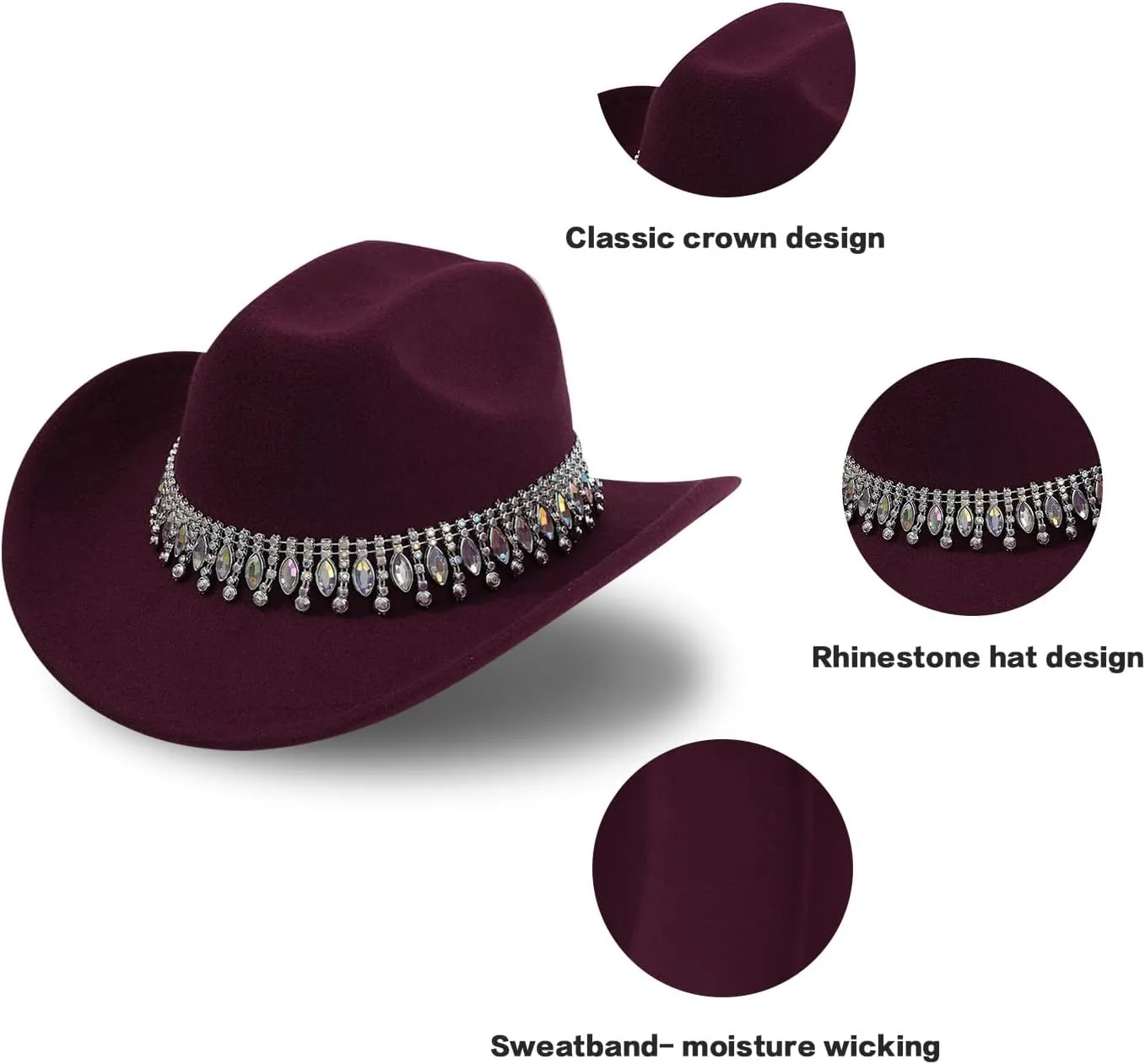 Shiny Rhinestone Women's Cowgirl Hat Western Cowboy Retro Panama Unisex Sequin Wide Brim Hat