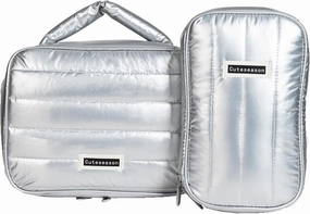 Shiny Puffy Makeup Bag Large Capacity Travel Water-proof Toiletry Bag Drop-proof Digital Product Organizer (Silver, L and M)