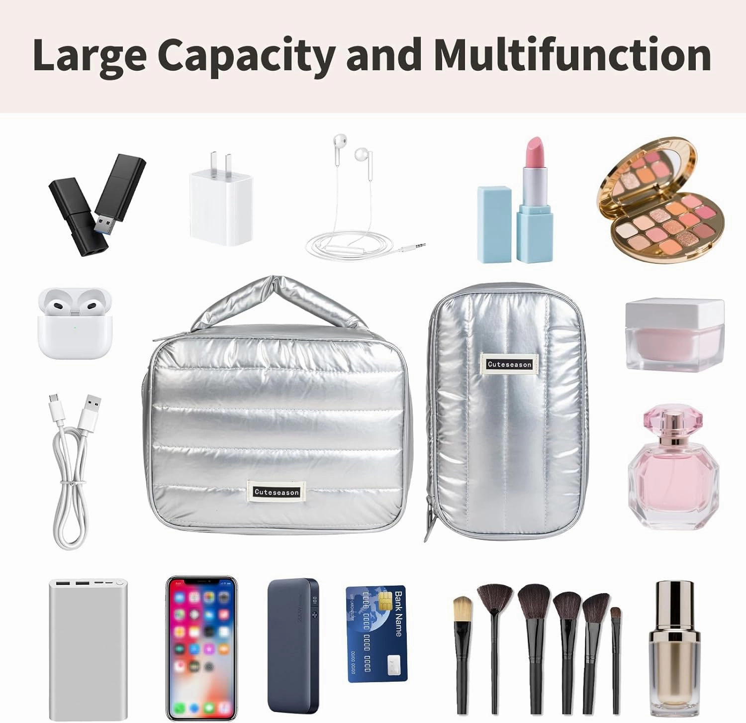 Shiny Puffy Makeup Bag Large Capacity Travel Water-proof Toiletry Bag Drop-proof Digital Product Organizer (Silver, L and M)