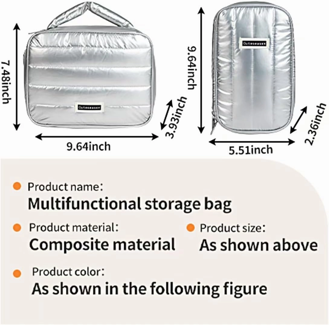 Shiny Puffy Makeup Bag Large Capacity Travel Water-proof Toiletry Bag Drop-proof Digital Product Organizer (Silver, L and M)