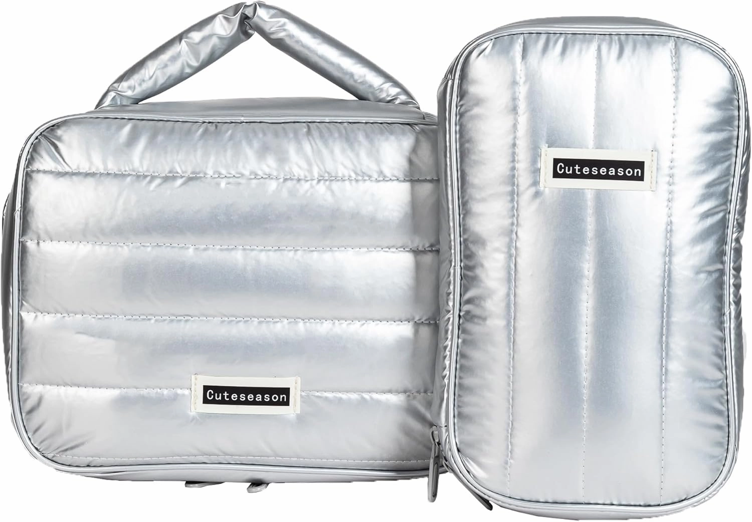 Shiny Puffy Makeup Bag Large Capacity Travel Water-proof Toiletry Bag Drop-proof Digital Product Organizer (Silver, L and M)