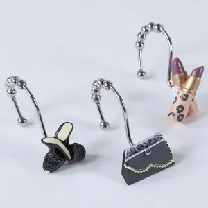 Shower Curtain Hooks Rings, Set of 12 Stainless Steel Decorative Shower Curtain Hooks for Bathroom Shower Rods Curtains (High-Heels, Handbag, Lipstick)