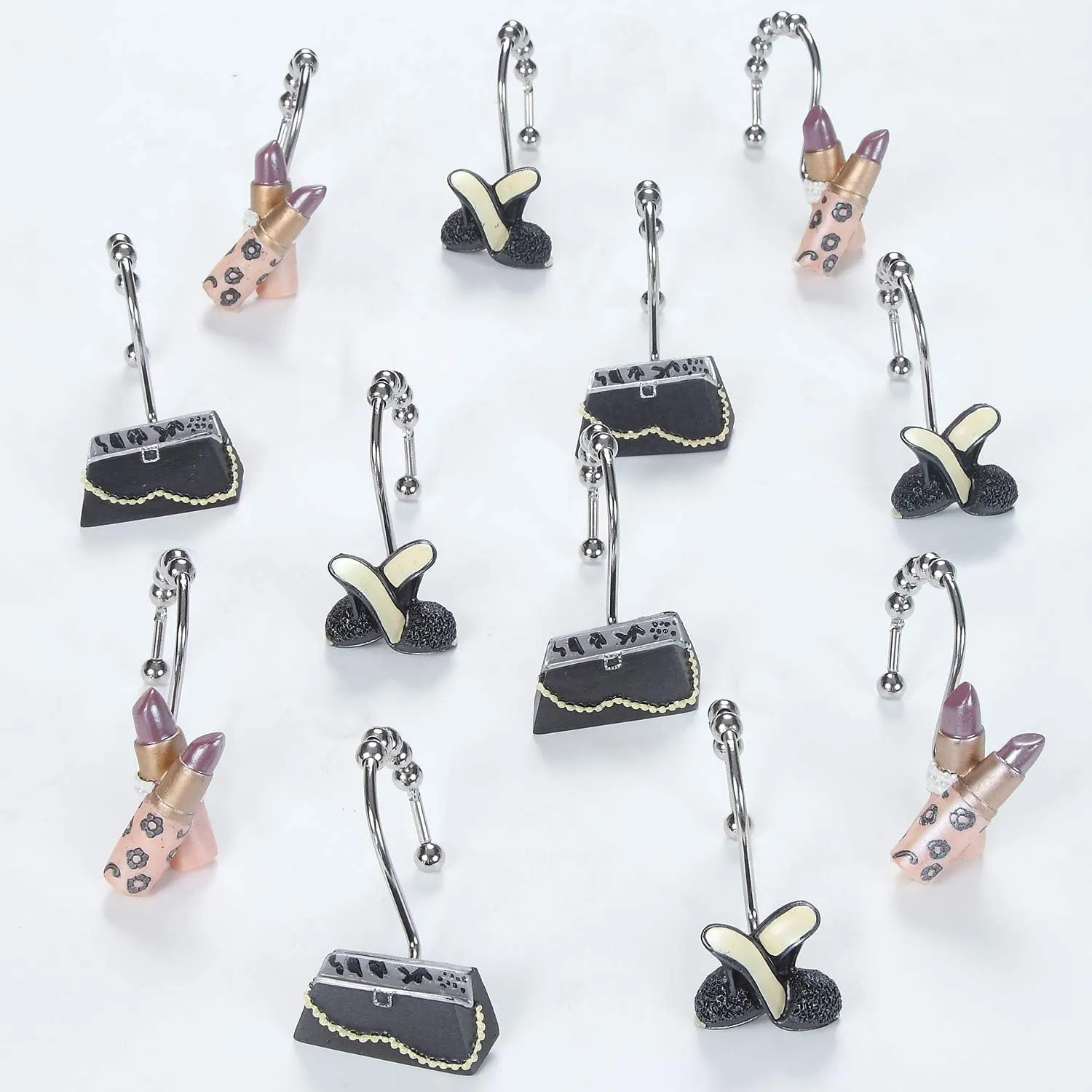 Shower Curtain Hooks Rings, Set of 12 Stainless Steel Decorative Shower Curtain Hooks for Bathroom Shower Rods Curtains (High-Heels, Handbag, Lipstick)