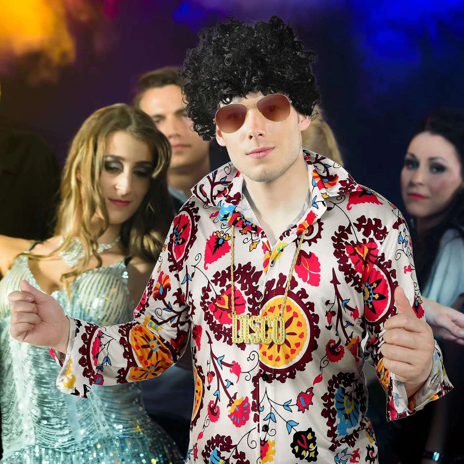 Sintege Men 70s 80s Disco Outfit Costume Set Sequin Shirt Wig Necklace Sunglasses for Halloween Mardi Gras 60s 90s Party