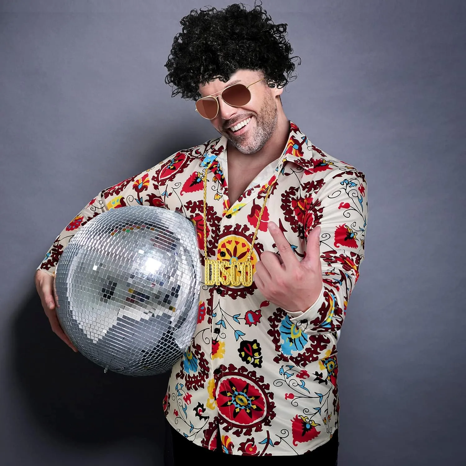 Sintege Men 70s 80s Disco Outfit Costume Set Sequin Shirt Wig Necklace Sunglasses for Halloween Mardi Gras 60s 90s Party