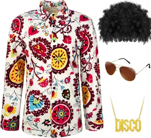 Sintege Men 70s 80s Disco Outfit Costume Set Sequin Shirt Wig Necklace Sunglasses for Halloween Mardi Gras 60s 90s Party