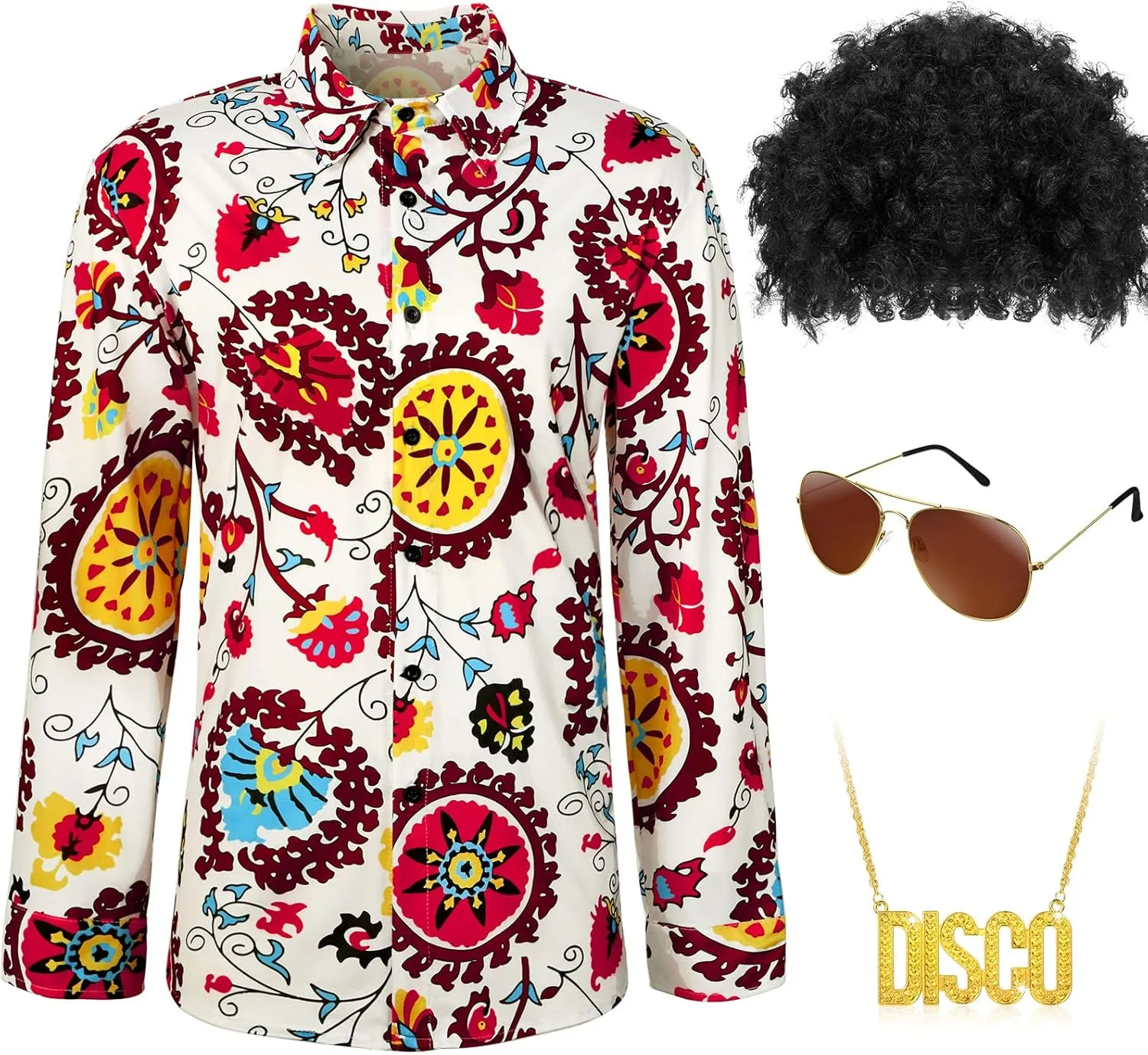 Sintege Men 70s 80s Disco Outfit Costume Set Sequin Shirt Wig Necklace Sunglasses for Halloween Mardi Gras 60s 90s Party