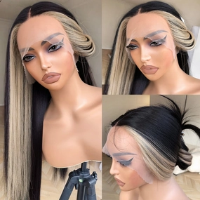 Skunk Stripe Wig Lace Front Wig Pre Plucked Ready to Wear, HD Glueless 13X5X1 Synthetic Lace Front Wigs for Women 180 Density 26inch, Black and Blonde Wig Skunk Stripe Effortless Chic