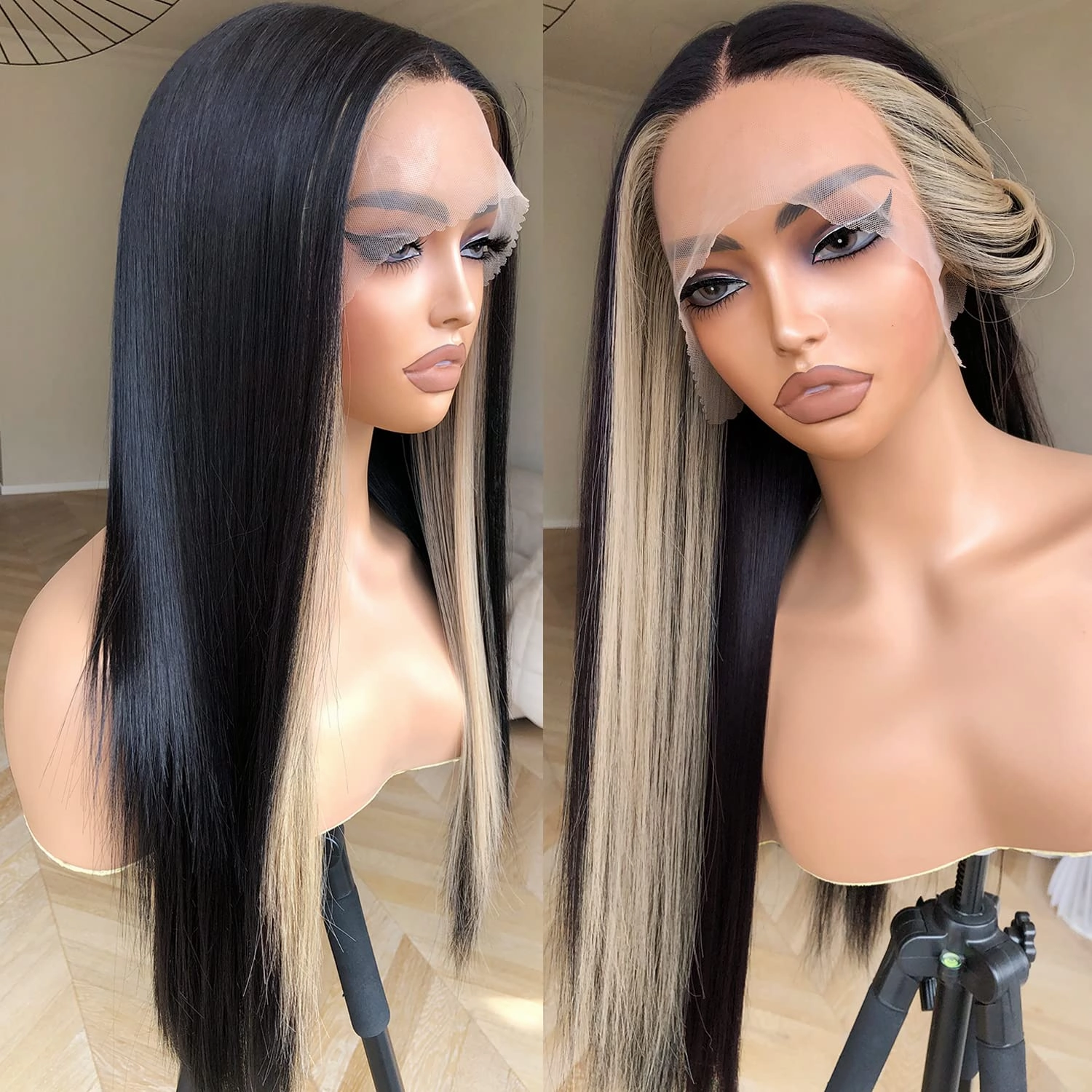 Skunk Stripe Wig Lace Front Wig Pre Plucked Ready to Wear, HD Glueless 13X5X1 Synthetic Lace Front Wigs for Women 180 Density 26inch, Black and Blonde Wig Skunk Stripe Effortless Chic