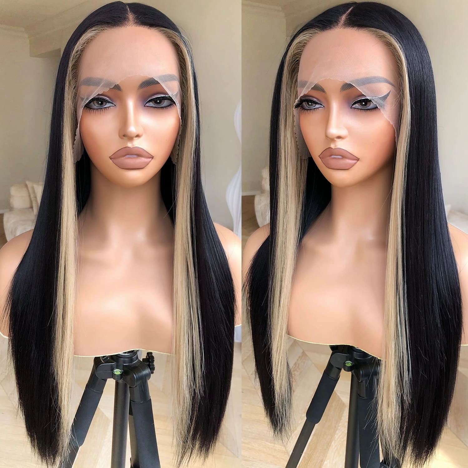 Skunk Stripe Wig Lace Front Wig Pre Plucked Ready to Wear, HD Glueless 13X5X1 Synthetic Lace Front Wigs for Women 180 Density 26inch, Black and Blonde Wig Skunk Stripe Effortless Chic