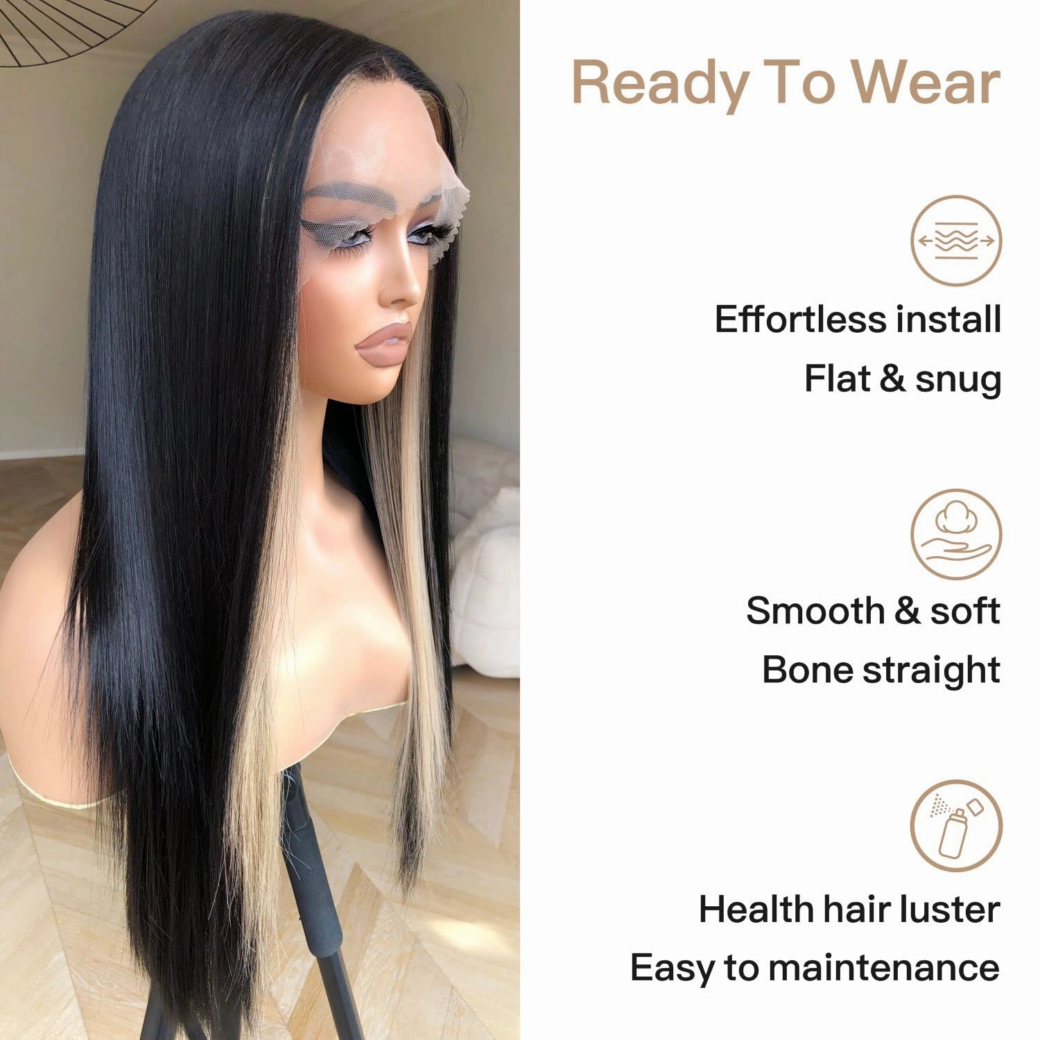 Skunk Stripe Wig Lace Front Wig Pre Plucked Ready to Wear, HD Glueless 13X5X1 Synthetic Lace Front Wigs for Women 180 Density 26inch, Black and Blonde Wig Skunk Stripe Effortless Chic