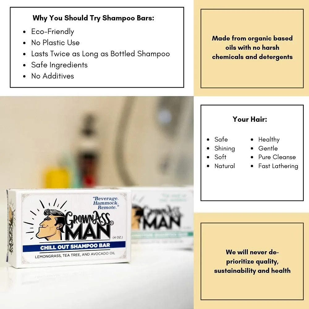 Solid Shampoo Bar Rich Lather 3 in 1: Hair, Beard & Body Wash - Plastic Free & Eco-Friendly, Natural & Organic Clean for All Hair Types, 4oz Bar (Chill Out, 3-Pack)