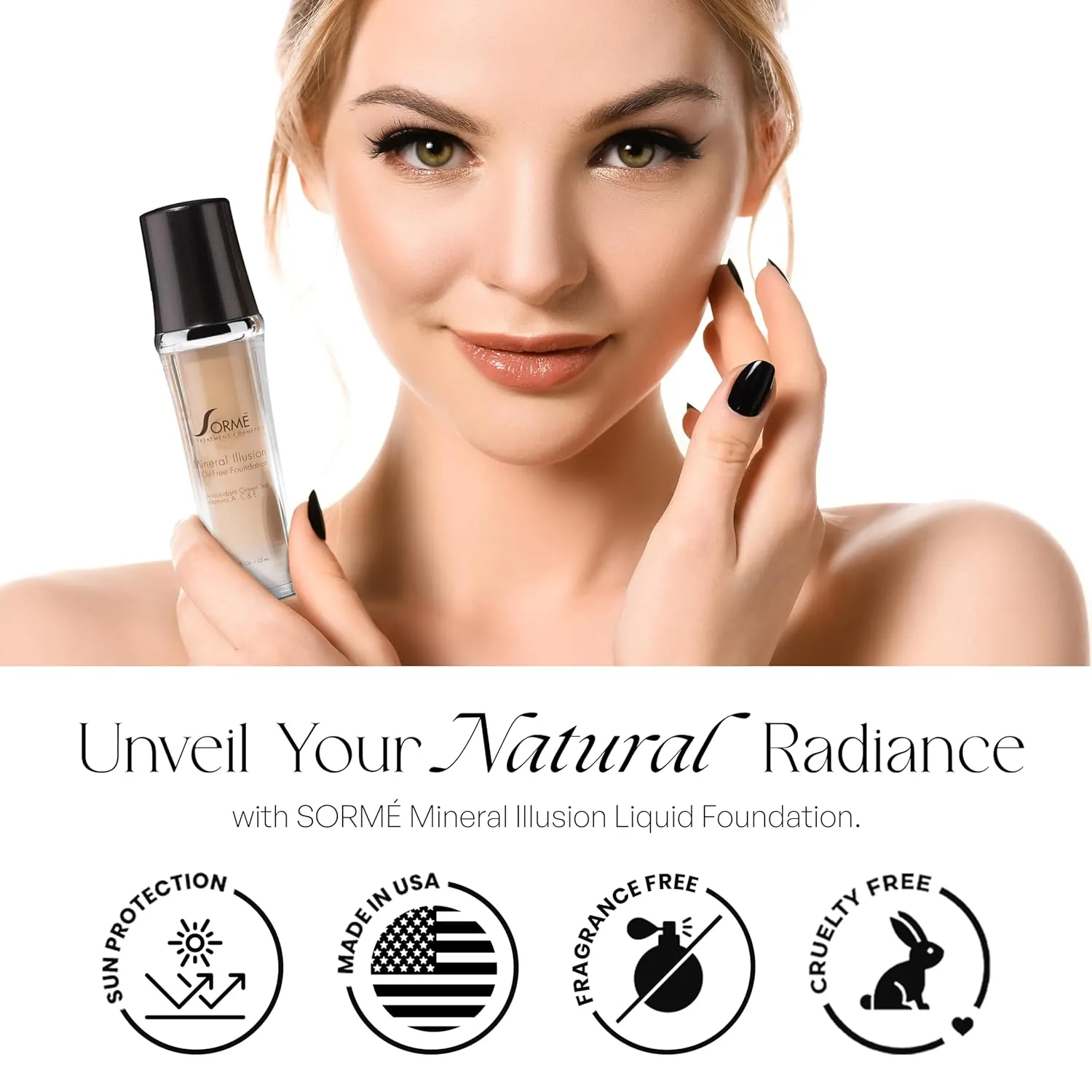SORMÉ Mineral Illusion Fragrance & Oil Free Liquid Foundation with Non-Chemical Sunscreen, Mineral Formula, Hydrating with Shea Butter, Antioxidants Vitamins A, C, E, Medium Coverage for Smooth - 25ml