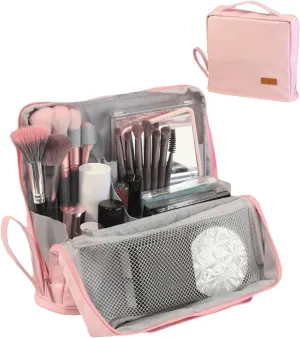 Standing Makeup Bag with Dividers Large Open Top Cosmetic Organizer, Multi-Compartment Travel Toiletry Bag for Women (Pink)