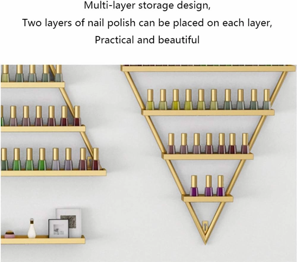 Storage Rack. Wall-Mounted 5-Layer Nail Polish, Metal Nail Polish Finishing Display Combination Stand, Salon Art Wall Hanging Polishing Rack, Cosmetic Display Stand for Perfume Lipstick Essen (Gold