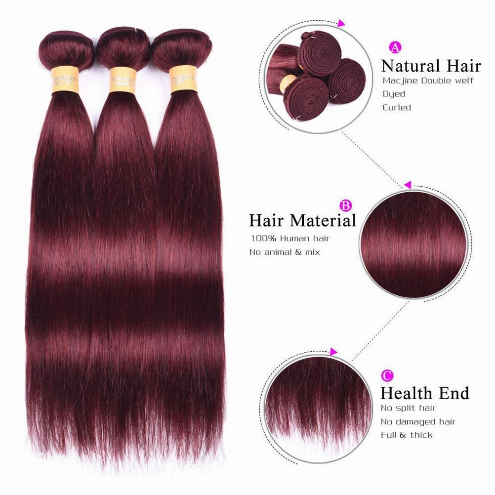 Straight Brazilian Virgin Human Hair 99j Wine Red Burgundy Straight Hair Weaves 16 Inch Bundles 100% Human Hair Extensions Natural Pure Color Silky Straight Hair 16 Inch