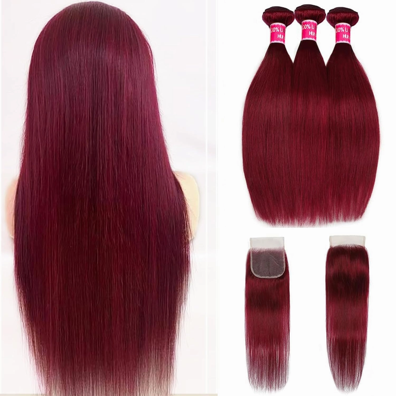 Straight Bundles with Closure 18 20 22 18Inch Grade 10A 99j Burgundy Color Straight Hair 3 Bundles Human Hair with 4x4 Lace Closure Free Part Win Red Human Hair Bundles