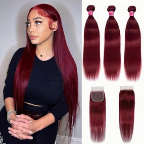Straight Bundles with Closure 18 20 22 18Inch Grade 10A 99j Burgundy Color Straight Hair 3 Bundles Human Hair with 4x4 Lace Closure Free Part Win Red Human Hair Bundles