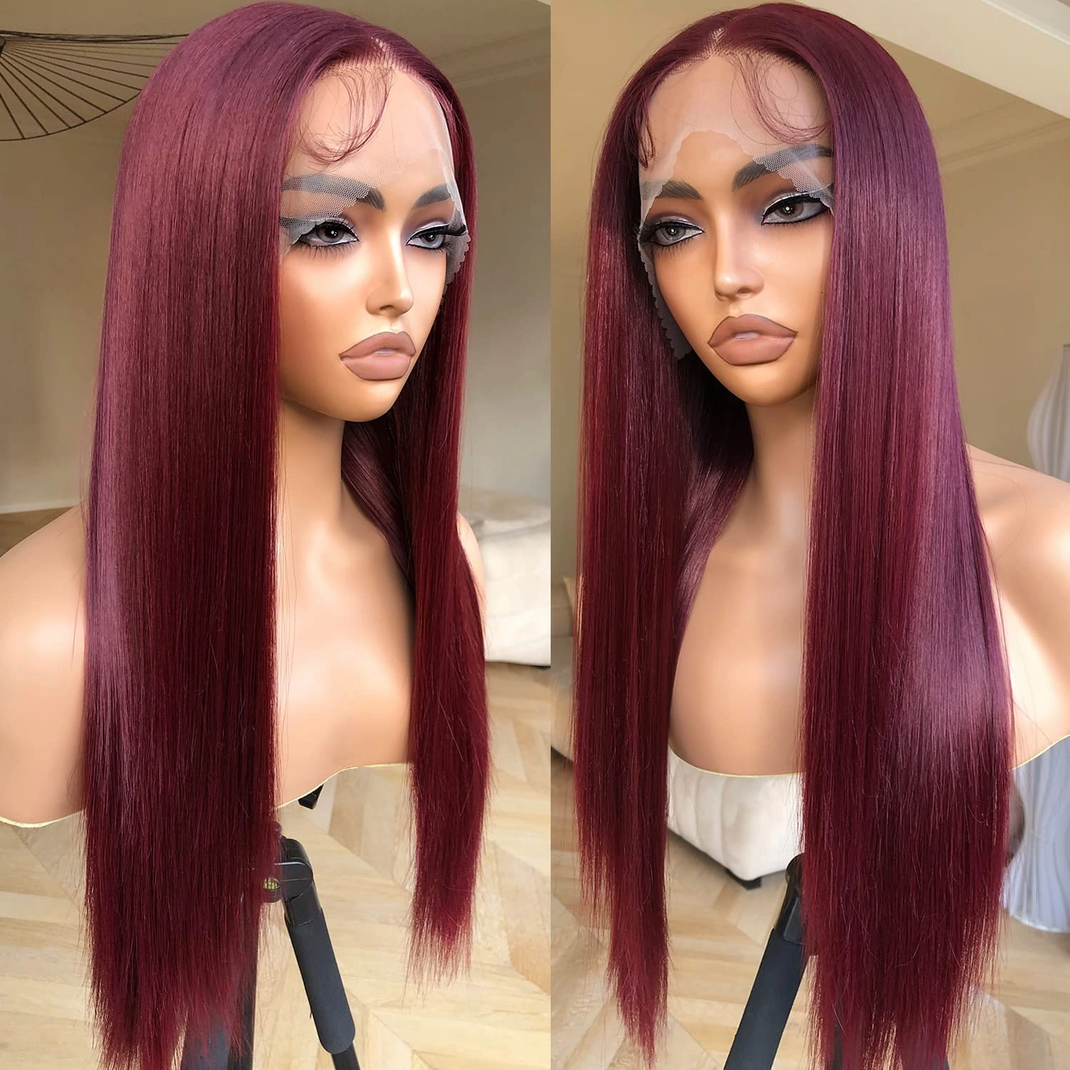 Straight Lace Front Wig Pre Plucked, Synthetic Lace Front Wig Pre Plucked, HD Glueless Wigs 13X5X1 Lace Wigs for Women 180 Density 26inch (Burgundy99J, 26)