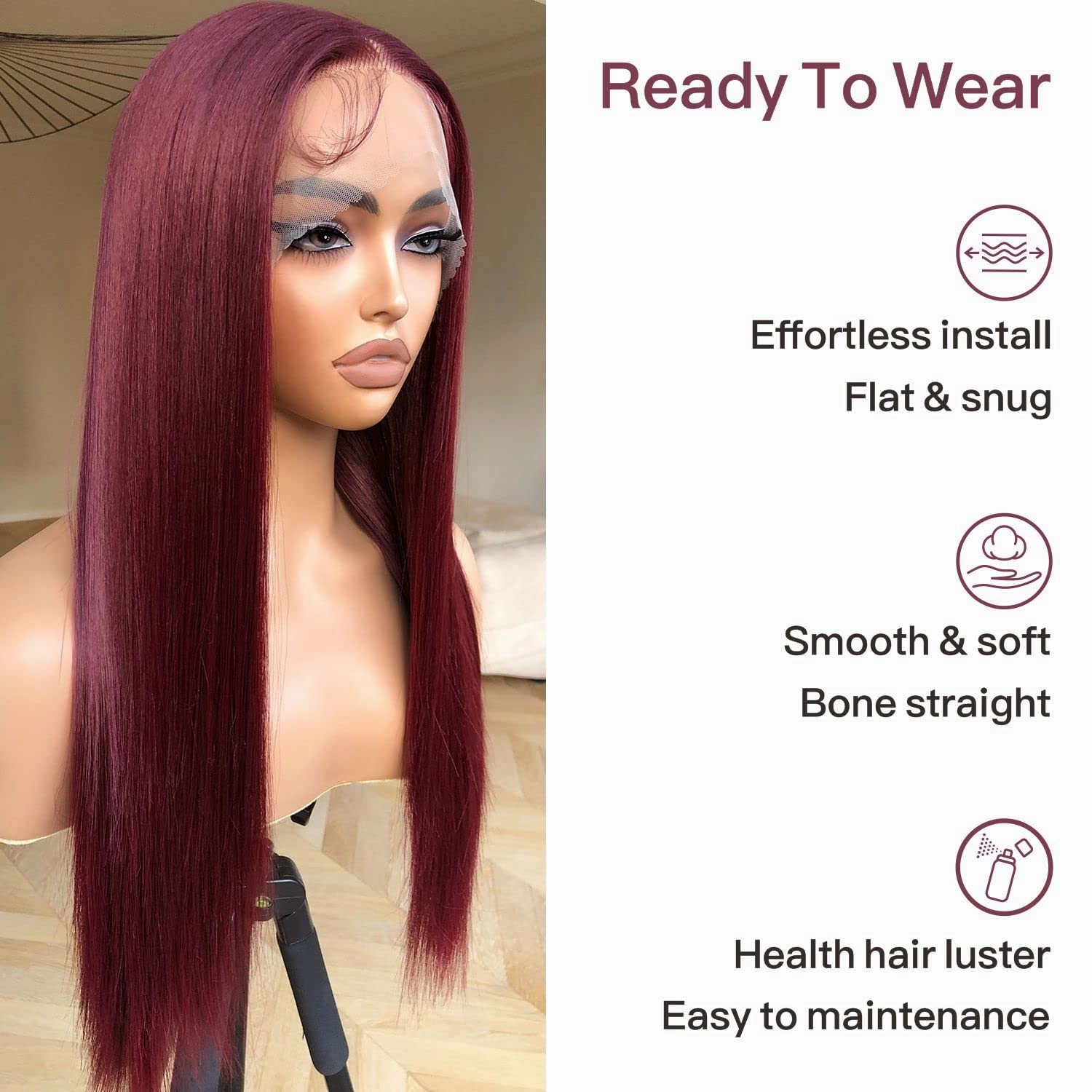 Straight Lace Front Wig Pre Plucked, Synthetic Lace Front Wig Pre Plucked, HD Glueless Wigs 13X5X1 Lace Wigs for Women 180 Density 26inch (Burgundy99J, 26)