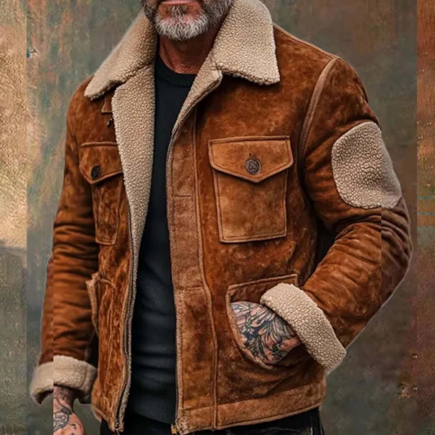 Suede Leather Jacket Men Winter Fur Shearling Duster Coat Retro Faux Leather Fleece Motorcycle Trucker Western Jacket