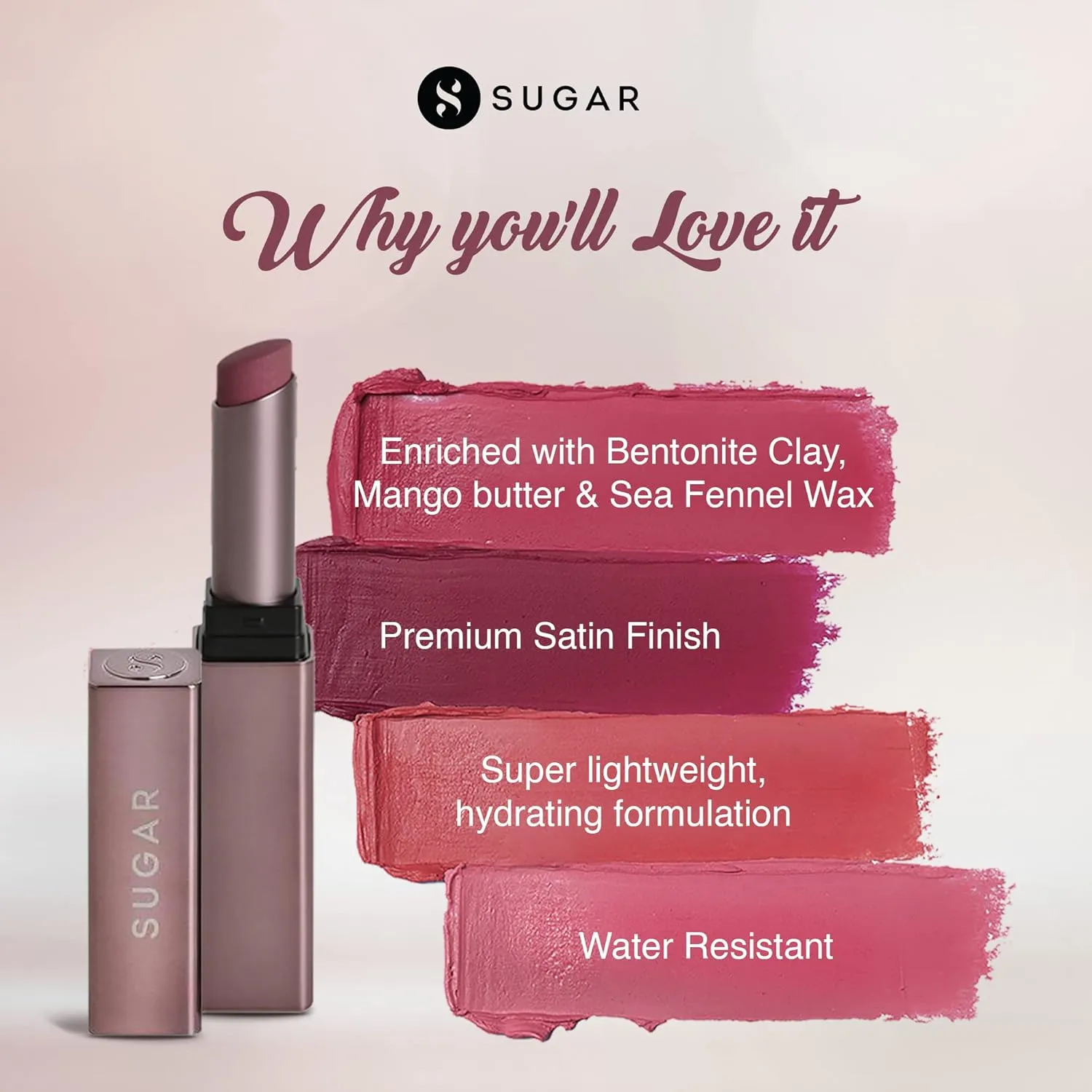 SUGAR Cosmetics Mettle Satin Lipstick - 02 Elizabeth (Rosy Cheeks Pink), Pink, 2.2 g Super Hydrating, Smoothens Fine Lines